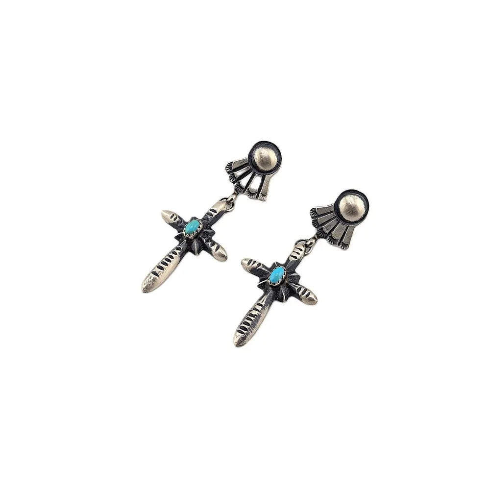 Native Am Earrings Navajo‎ Iodize Sterling Silver Cross Turquoise Jewelry**